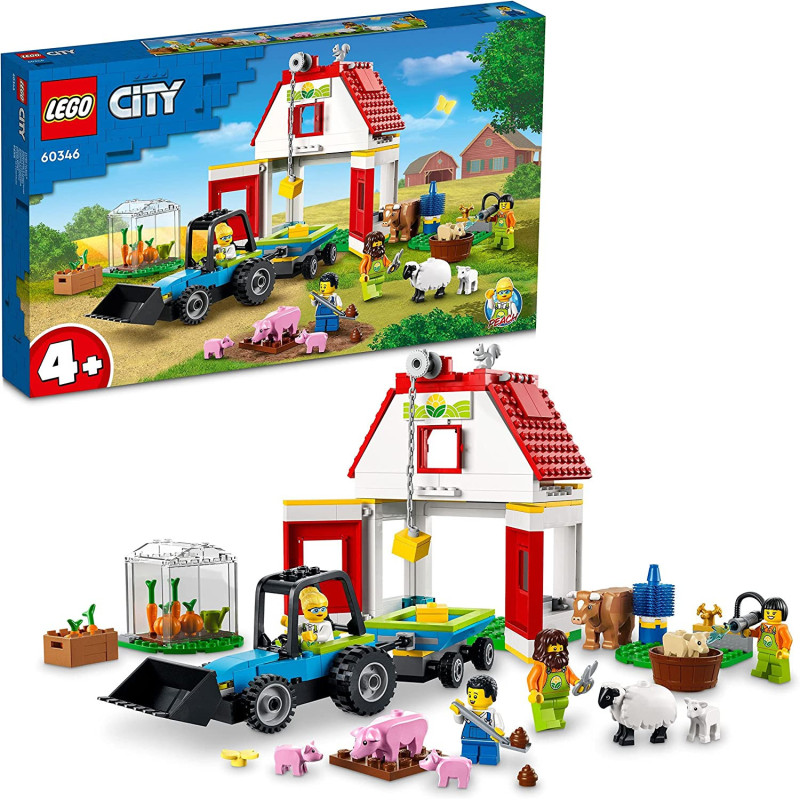 LEGO 60346 City Barn & Farm Animals Toys, Set with Tractor and Trailer, Sheep, Cow and Pig plus Babies Figures, Learning Toys for Kids Age 4 Plus