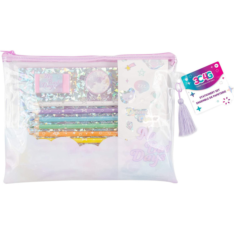 Three Cheers for Girls - Holowave All in One Stationery Set - Notebook & Colored Pencil Kit for Kids & Teens - Includes Notebook, Colored Pencils, Erasers, Sharpener, Sticker Sheet, & Pencil Pouch
