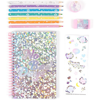 Three Cheers for Girls - Holowave All in One Stationery Set - Notebook & Colored Pencil Kit for Kids & Teens - Includes Notebook, Colored Pencils, Erasers, Sharpener, Sticker Sheet, & Pencil Pouch