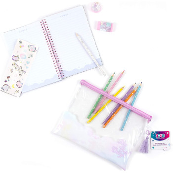 Three Cheers for Girls - Holowave All in One Stationery Set - Notebook & Colored Pencil Kit for Kids & Teens - Includes Notebook, Colored Pencils, Erasers, Sharpener, Sticker Sheet, & Pencil Pouch