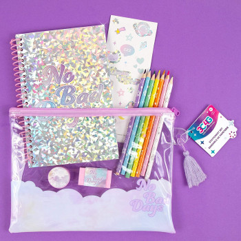 Three Cheers for Girls - Holowave All in One Stationery Set - Notebook & Colored Pencil Kit for Kids & Teens - Includes Notebook, Colored Pencils, Erasers, Sharpener, Sticker Sheet, & Pencil Pouch