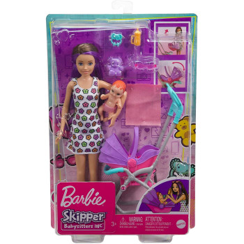 Barbie Skipper Babysitters Inc. Playset with Skipper Babysitter Doll Brunette, Stroller, Baby Doll & 5 Accessories, Toy for 3 Year Olds & Up, Mulicolor