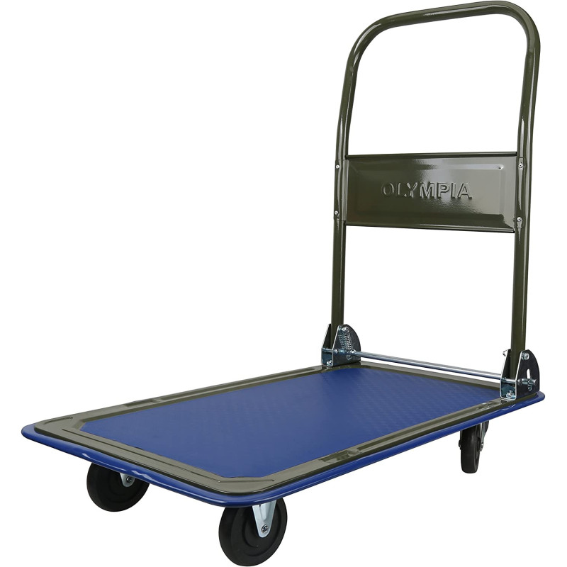 Olympia Tools 85-180 Folding & Rolling Flatbed Cart for Loading, Olive Green with Blue Bumper, 300 Lb. Load Capacity