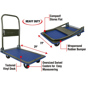 Olympia Tools 85-180 Folding & Rolling Flatbed Cart for Loading, Olive Green with Blue Bumper, 300 Lb. Load Capacity
