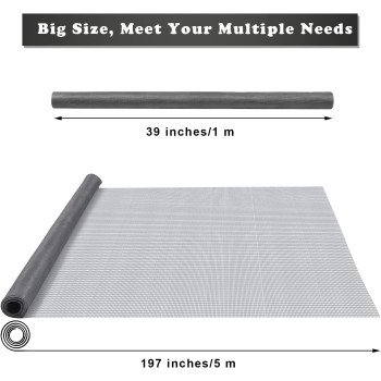 Ruisita Window Screen Replacement Adjustable Fiberglass Screen Mesh DIY Screen Replacement for Windows Doors and Patio Screen, 39 x 197 Inches, Grey