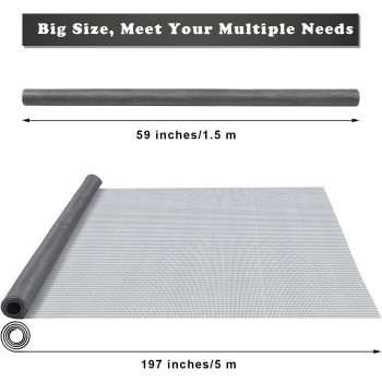 Ruisita Window Screen Replacement Adjustable Fiberglass Screen Mesh DIY Screen Replacement for Windows Doors and Patio Screen, 59 x 197 Inches, Grey