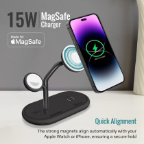 Promate MagSafe Charger with 15W Stand, 24W PD Type-C, 5W MFi Apple Watch Charger and 5W/10W Qi Pad, Synergy Black