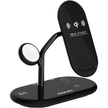 Promate Wireless Charging Station, 4-in-1 Charging Dock with 5W Magnetic MFi Apple Watch Charger, Bonsai, Black