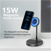 Promate Magnetic Wireless Charger for iPhone 12, 3-in-1 Aluminum Alloy Mag-Safe, AuraBase-PD20, Black