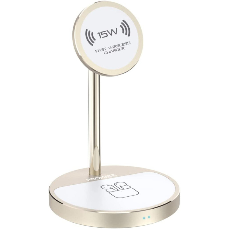 Promate Magnetic Wireless Charger for iPhone 12, 3-in-1 Aluminum Alloy Mag-Safe, AuraBase-PD20, Gold
