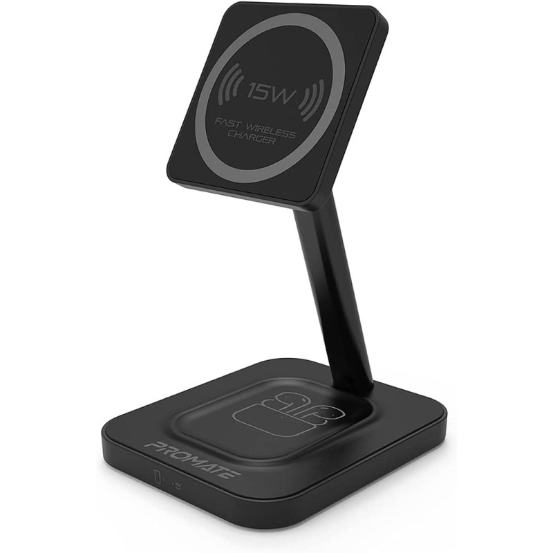 Promate Magnetic Wireless Charger For iPhone 12, 13, 14 2-in-1 Mag-Safe 15W Fast Wireless Charger With Adjustable Neck And Anti-Slip 5W Charging Pad for iPhone 12/12 Pro Max/AirPods Pro, AuraBase-15W