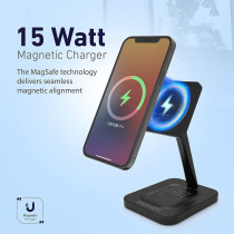 Promate Magnetic Wireless Charger For iPhone 12, 13, 14 2-in-1 Mag-Safe 15W Fast Wireless Charger With Adjustable Neck And Anti-Slip 5W Charging Pad for iPhone 12/12 Pro Max/AirPods Pro, AuraBase-15W