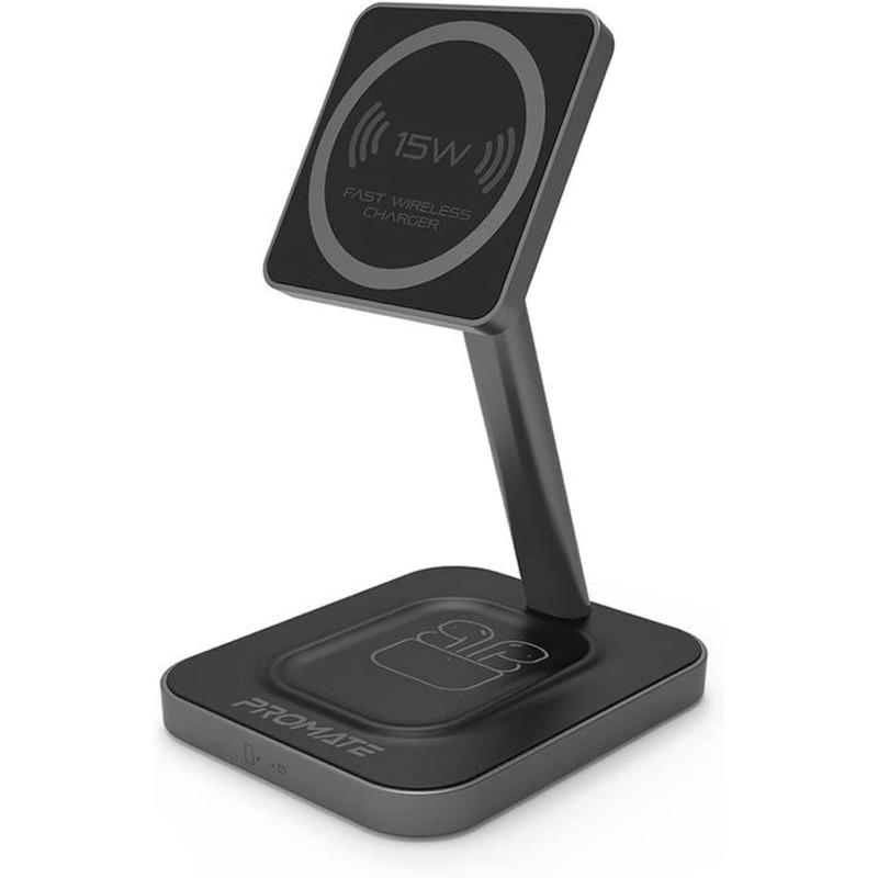 Promate Magnetic Wireless Charger for iPhone 12, 2-In-1 Mag-Safe 15W Fast Wireless Charger, AurBase-15W