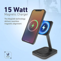 Promate Magnetic Wireless Charger for iPhone 12, 2-In-1 Mag-Safe 15W Fast Wireless Charger, AurBase-15W