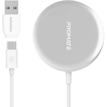 Promate Wireless Charger for iPhone 12, Fast Charging 15W Mag-Safe Qi Magnetic Charging Pad Silver
