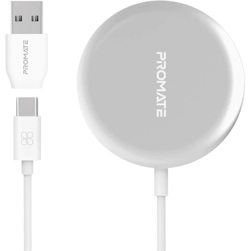 Promate Wireless Charger for iPhone 12, Fast Charging 15W Mag-Safe Qi Magnetic Charging Pad Silver