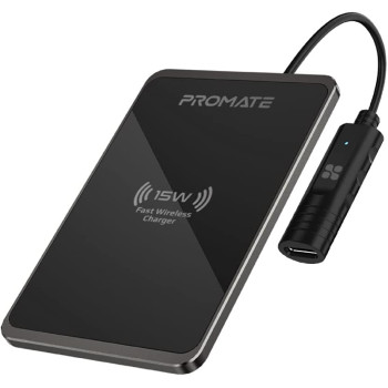 Promate Wireless Charger, Ultra-Slim Mettalic Qi-Certified 15W Fast Wireless Charging Pad with USB-C, Input, AuraCard-15W