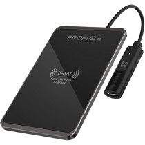 Promate Wireless Charger, Ultra-Slim Mettalic Qi-Certified 15W Fast Wireless Charging Pad with USB-C, Input, AuraCard-15W
