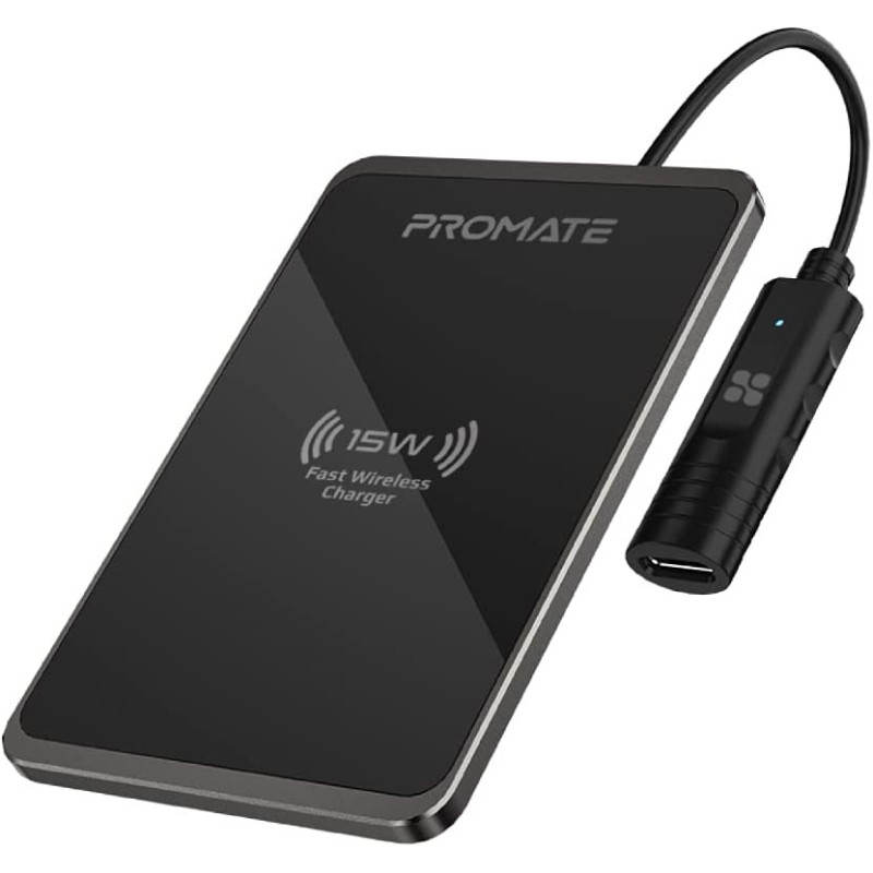 Promate Wireless Charger, Ultra-Slim Mettalic Qi-Certified 15W Fast Wireless Charging Pad with USB-C, Input, AuraCard-15W