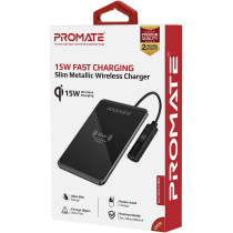 Promate Wireless Charger, Ultra-Slim Mettalic Qi-Certified 15W Fast Wireless Charging Pad with USB-C, Input, AuraCard-15W