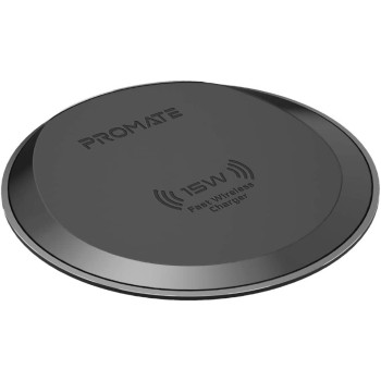 Promate Wireless Charger, Premium Ultra-Slim 15W Fast Wireless Charging Pad with Anti-Slip Surface, AuraPad-15W Grey