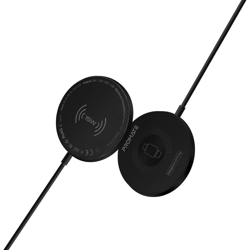 Promate 3-in-1 Wireless Charger, Dual Sided Magnetic Qi Wireless Charging Pad with 15W Mag-Safe, MagCord-Trio, Black