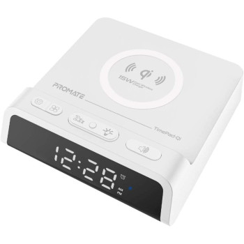 Promate Alarm Clock with Qi Wireless Charger, Premium LED Display Alarm Clock with 15W Qi Wireless Charging, Multi-Protect, White