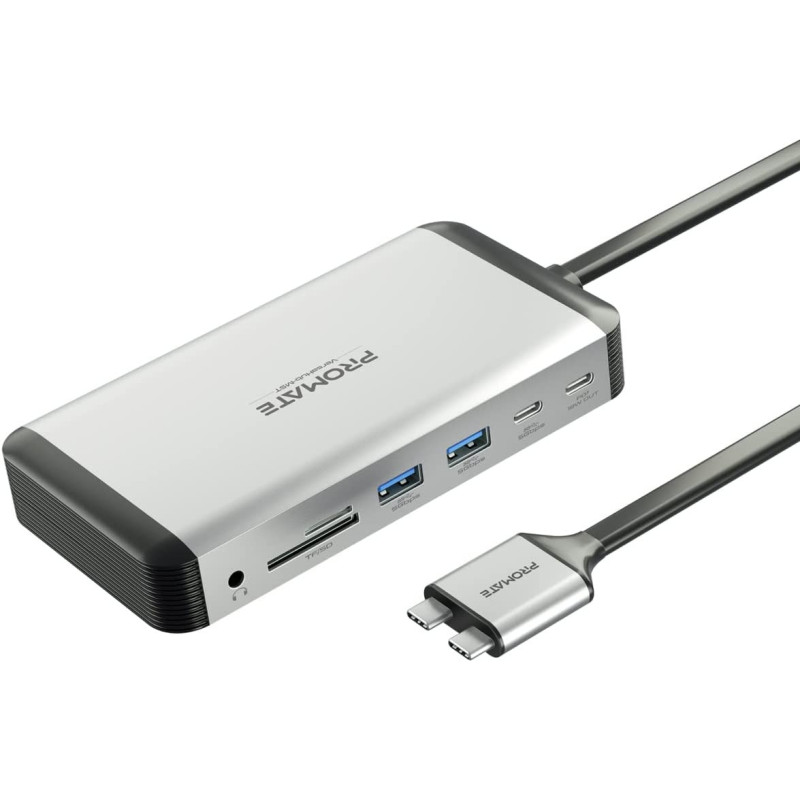 Promate Extended Multi-Display Hub with Dual 4K HDMI 1Gbps Ethernet, 100W USB-C Power Delivery Connectors, 18W USB-C Dual Ports