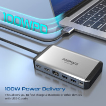 Promate Extended Multi-Display Hub with Dual 4K HDMI 1Gbps Ethernet, 100W USB-C Power Delivery Connectors, 18W USB-C Dual Ports
