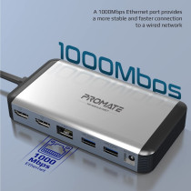 Promate Extended Multi-Display Hub with Dual 4K HDMI 1Gbps Ethernet, 100W USB-C Power Delivery Connectors, 18W USB-C Dual Ports