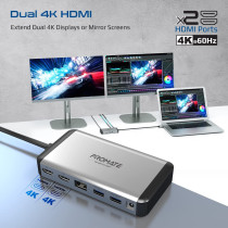 Promate Extended Multi-Display Hub with Dual 4K HDMI 1Gbps Ethernet, 100W USB-C Power Delivery Connectors, 18W USB-C Dual Ports