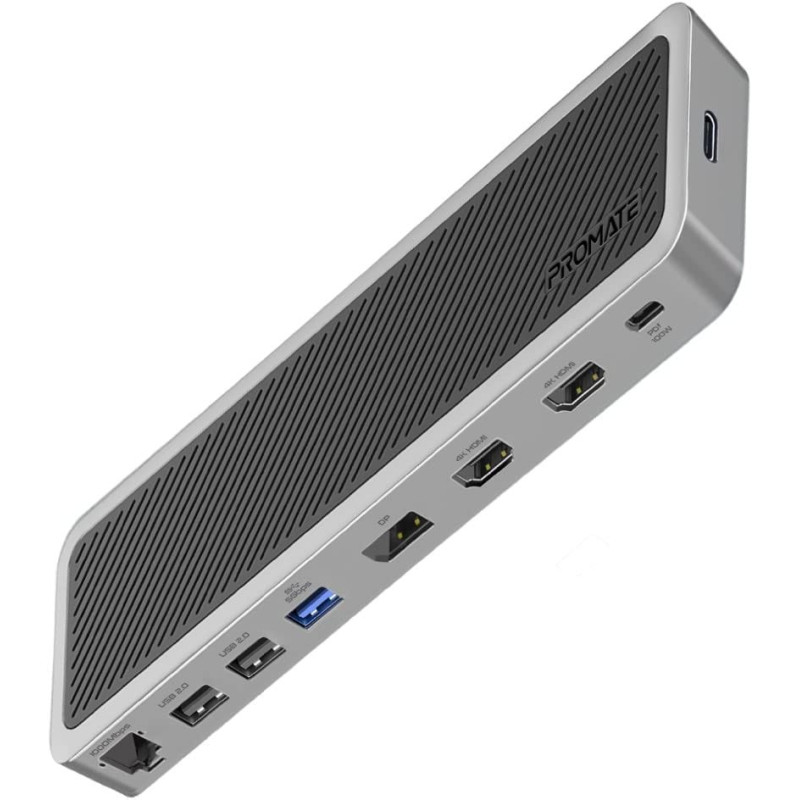 Promate USB-C Hub, 13-in-1 Multi-Display Hub with Dual 4K HDMI, 4K DisplayPort, 1000Mbps LAN, 100W USB-C Power Delivery