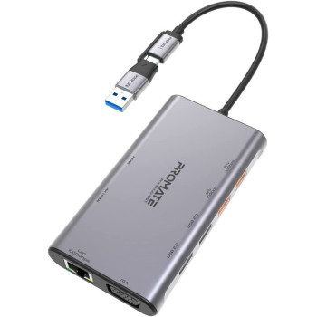 Promate USB-C Hub, 9-in-1 4K Multi-Display Aluminum Hub with Dual HDMI, 1080p VGA Port, 1000Mbps LAN, 20W USB-C Power