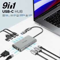 Promate USB-C Hub, 9-in-1 4K Multi-Display Aluminum Hub with Dual HDMI, 1080p VGA Port, 1000Mbps LAN, 20W USB-C Power