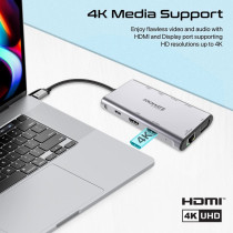 Promate USB-C Hub, 9-in-1 4K Multi-Display Aluminum Hub with Dual HDMI, 1080p VGA Port, 1000Mbps LAN, 20W USB-C Power
