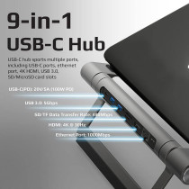 Promate Aluminum Laptop Stand with USB-C Hub, 9-in-1 Detachable USB-C Desk Hub Stand with 100W USB-C Power Delivery