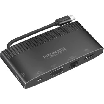 Promate USB-CHub, 6-in-1 Type-CSync/Charge Adapter, 1080p VGA, 1000Mbps LAN, 100W USB-CPower Delivery, 5Gbps USB