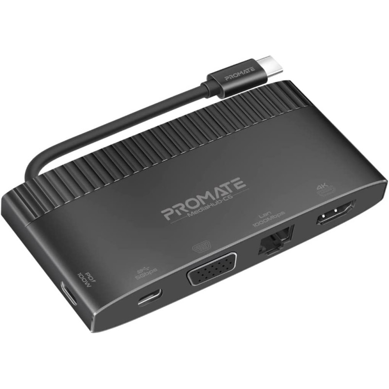 Promate USB-CHub, 6-in-1 Type-CSync/Charge Adapter, 1080p VGA, 1000Mbps LAN, 100W USB-CPower Delivery, 5Gbps USB