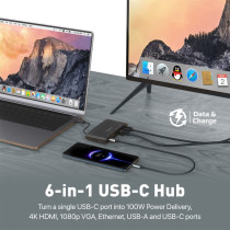 Promate USB-CHub, 6-in-1 Type-CSync/Charge Adapter, 1080p VGA, 1000Mbps LAN, 100W USB-CPower Delivery, 5Gbps USB