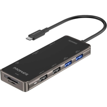 Promate USB-C Hub, 9-In-1 USB Type-C Adapter with 1000Mbps RJ45 Ethernet, 100W USB-C Power Delivery, 4K HDMI, 4 USB Ports