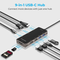 Promate USB-C Hub, 9-In-1 USB Type-C Adapter with 1000Mbps RJ45 Ethernet, 100W USB-C Power Delivery, 4K HDMI, 4 USB Ports