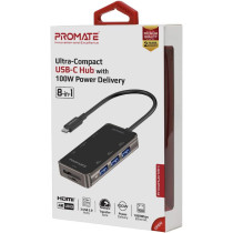 Promate USB-C Hub, Multi-Functional 8-in-1 Type-C Adapter with 100W USB-C Power Delivery Port, 4K HDMI, TF/SD Card Slot