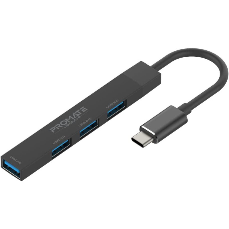 Promate USB-C Hub, 4-in-1 Type-C Sync/Charge Adapter with USB-A Adapter, 5Gbps USB 3.0 Port, 480Mbps USB 2.0 Ports, Black
