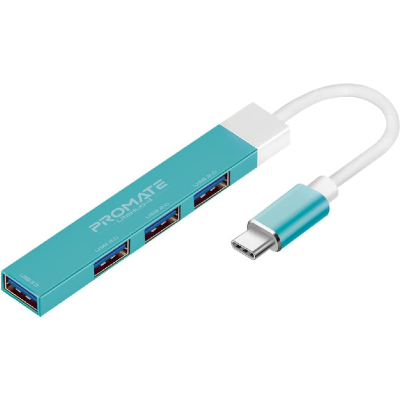 Promate USB-C Hub, 4-in-1 Type-C Sync/Charge Adapter with USB-A Adapter, 5Gbps USB 3.0 Port, 480Mbps USB 2.0 Ports, Blue