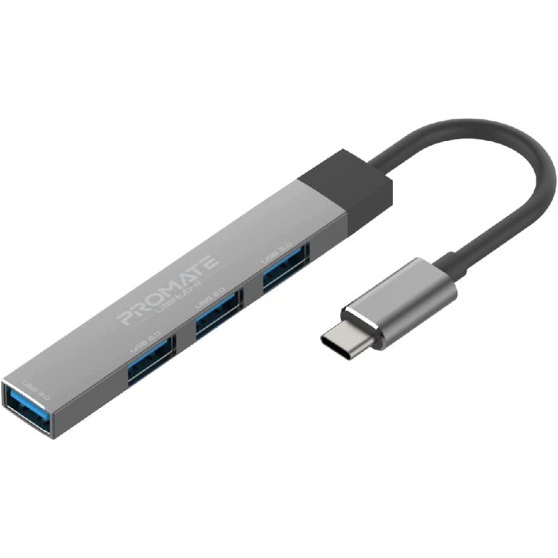 Promate USB-C Hub, 4-in-1 Type-C Sync/Charge Adapter with USB-A Adapter, 5Gbps USB 3.0 Port, Grey
