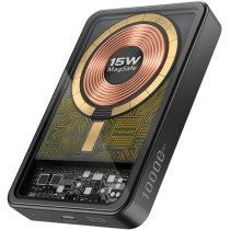 Promate Power Bank, Premium 10000mAh Transparent Battery Pack with 15W Magnetic Charging, Black