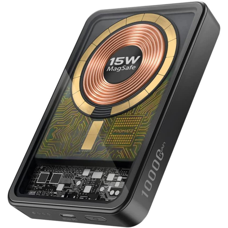 Promate Power Bank, Premium 10000mAh Transparent Battery Pack with 15W Magnetic Charging, Black