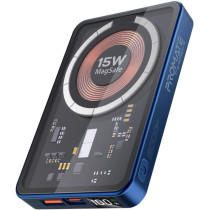 Promate Magnetic Wireless Power Bank, 5000mAh 15W Transparent Battery Pack with 20W USB-C Power Delivery Port, Blue