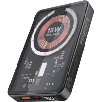 Promate Magnetic Wireless Power Bank, 10000mAh 15W Transparent Battery Pack with 20W, Black