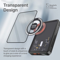 Promate Magnetic Wireless Power Bank, 10000mAh 15W Transparent Battery Pack with 20W, Black